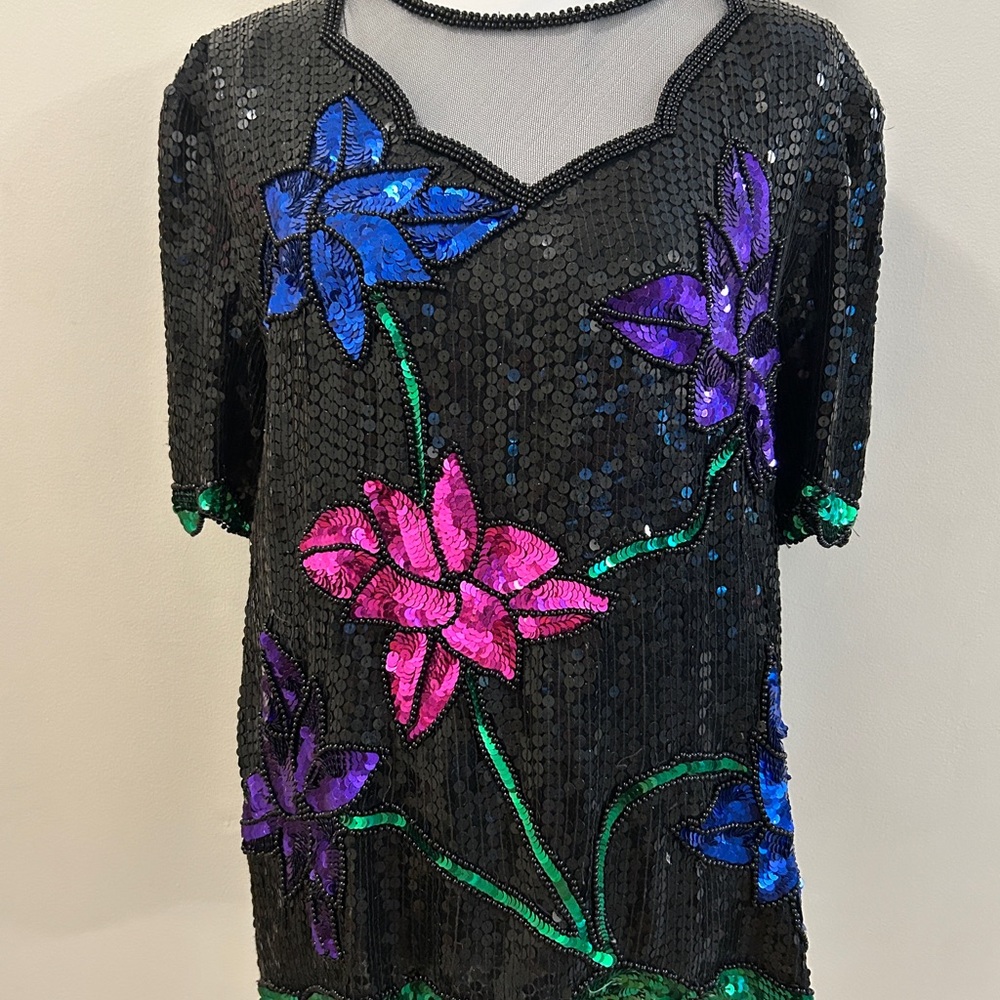 Vintage Black Sequin Short-Sleeve Top with Pink, Blue & Purple sequin flowers.